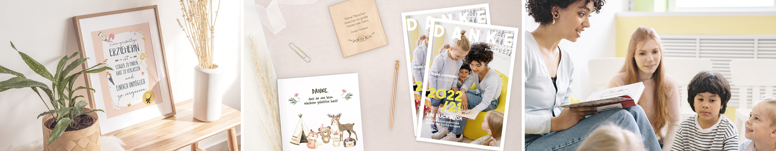 Wandbild, Zeitung und Erinnerungsbuch als persönliche Abschiedsgeschenke für Erzieher:innen