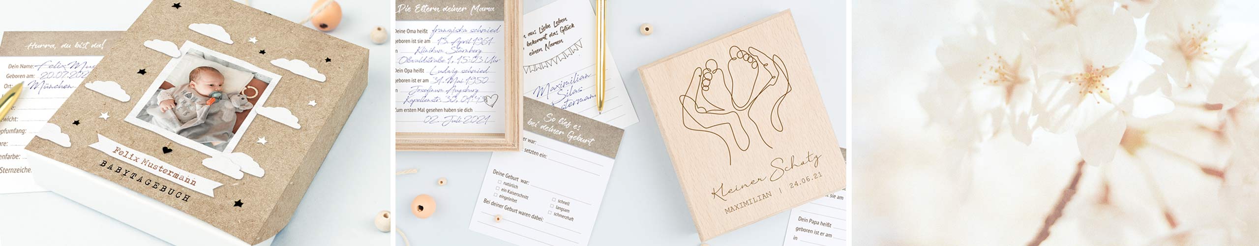 personalisierte Babytagebuch-Kartenboxen mit Foto aus Holz und Papier