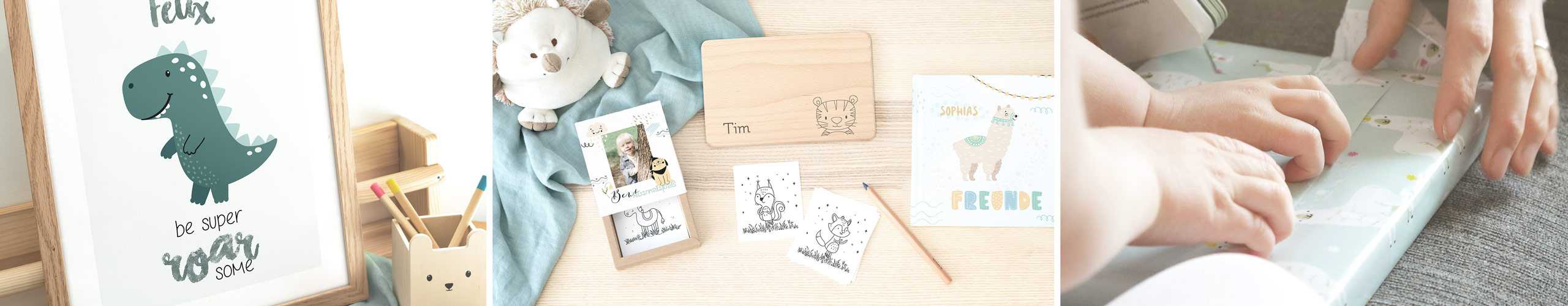 Ausmalbilder in Namensbox, Frühstücksbrettchen und Lernposter als Geschenke für Kinder