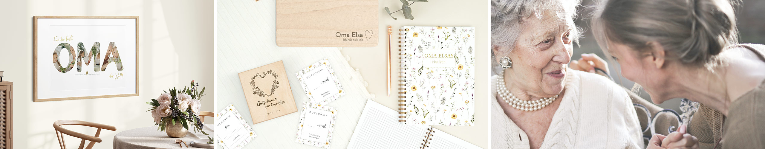 Notizbuch, Frühstücksbrett und Gutscheinbox als Geschenke für Oma