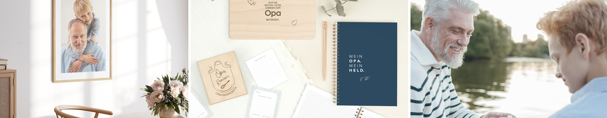 Wandbild, Notizbuch und Frühstücksbrett als Geschenke für Opa