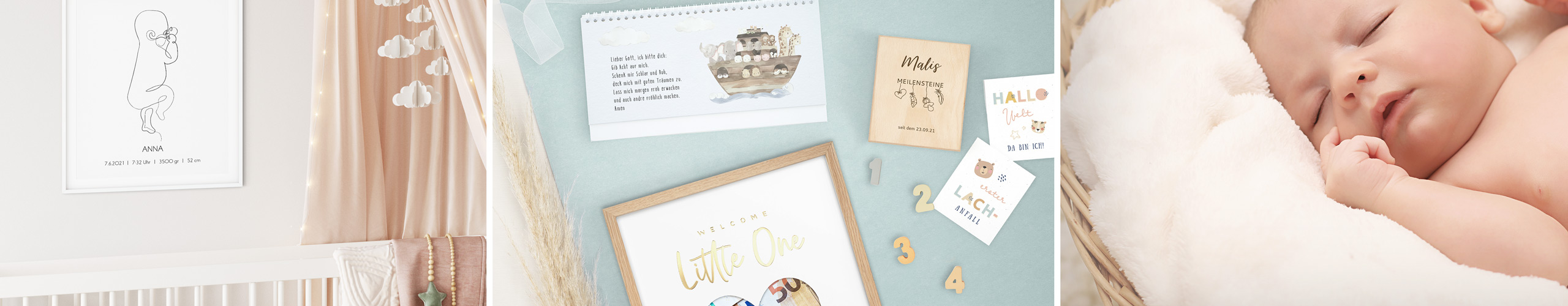 Wandbild, Meilensteinkarten-Box und Tischkalender als personalisierte Geschenke zur Geburt