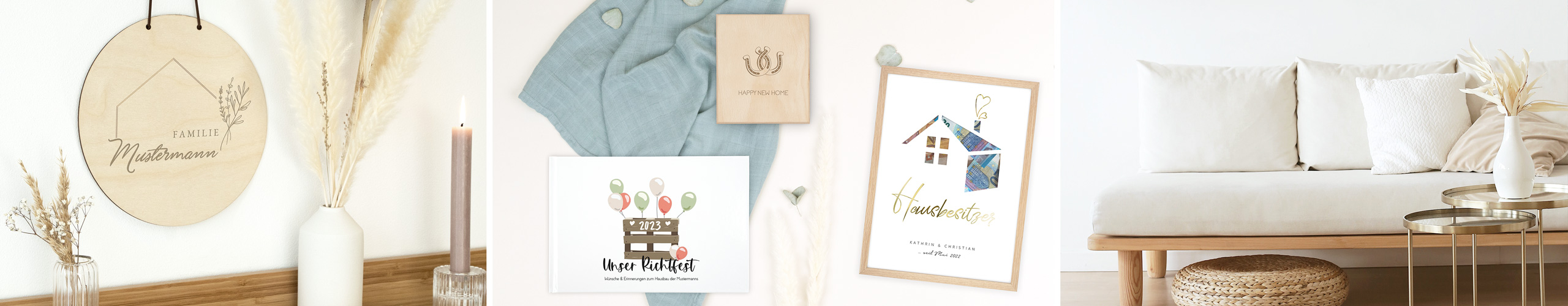 Personalisierte Richtfest-Geschenke als Dekoration im Wohnzimmer