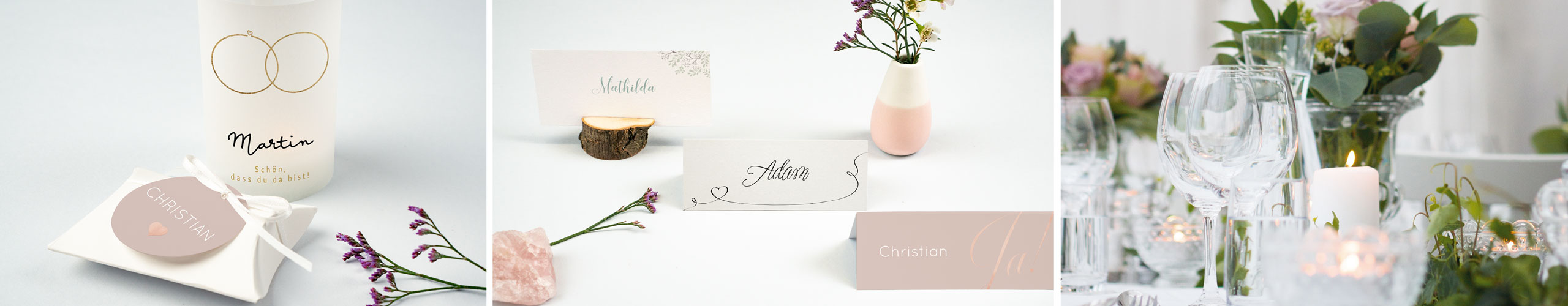 Tischkärtchen für die Hochzeitstafel in verschiedenen Designs