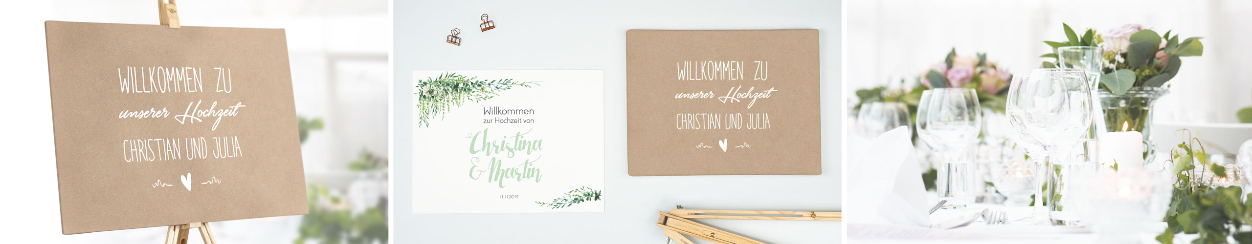 Personalisierte Willkommensschilder zur Hochzeit in verschiedenen Designs