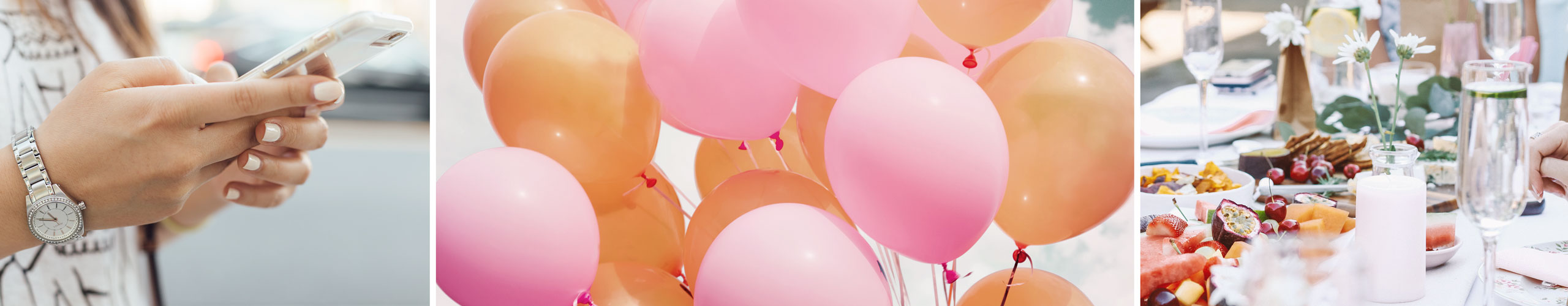 Nutze jetzt unsere kostenlose digitale Gästeliste Frau mit Smartphone, bunten Ballons, und festlich gedeckter Tisch für eine Feier